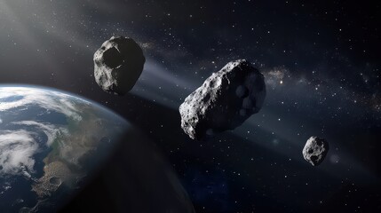 A view of earth from space with asteroids floating nearby against a starry background in the cosmos