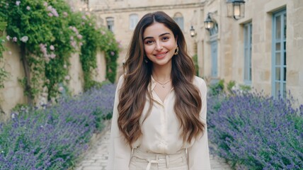 Fototapeta premium Portrait of a Young Azerbaijani Woman in Cream Blouse Surrounded by Lavender Flowers in Garden
