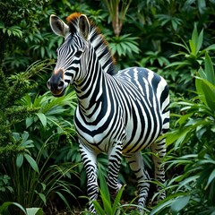 Striking Zebra Stands Gracefully Amid Dense Green Jungle Foliage