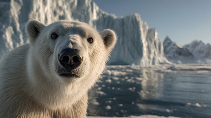 Solitary Stare: A majestic polar bear gazes directly into the lens against the backdrop of an arctic landscape, evoking a sense of the stark beauty of nature and wildlife survival.