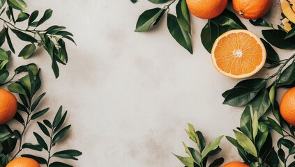 A flatlay featuring whole oranges and a halved orange, surrounded by vibrant green leaves, arranged on a light gray textured background, creating a border with a blank center