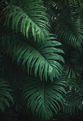 Deep emerald palm leaves, intricate venation, rich shadows ,  botany,  greenery
