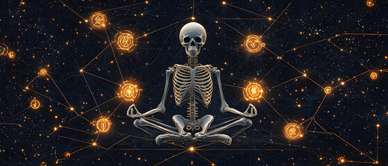Meditative Skeleton In Cosmic Space