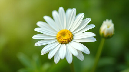 Fototapeta premium White Daisy Flower with Yellow Center on Soft Green Background - Ultra-Detailed, Bright, and Clean Floral Visual for Wellness, Eco Lifestyle, or Natural Product Branding
