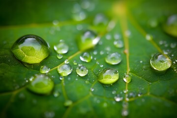 Macro shot of fresh green leaf with water drops. Morning dew on plant surface close up. Nature background for environmental protection, purity, and eco-friendly concept