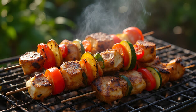 shish kebab vegetables and beek on skewers on summer bbq grill
