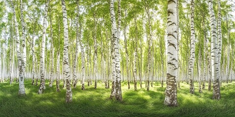 Obraz premium Panoramic view of dense birch forest with white trunks and green undergrowth in spring.