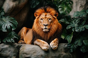 Obraz premium Majestic lion rests on rock, jungle backdrop