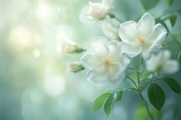 Obraz premium Soft-focus, delicate white roses in a sunlit garden