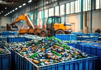 Fototapeta premium Recycling plant with blue crates of glass bottles/cans and yellow forklift in background.