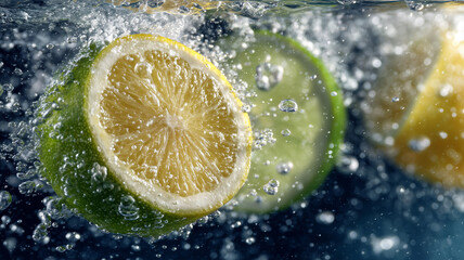 Falling citrus slices into sparkling water lemon, lime, bubbles, effervescent splash
