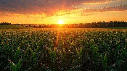 Picturesque field of corn during a vibrant sunset over a cultivated landscape