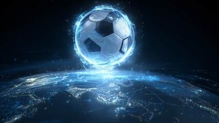 Glowing 3D football hovering over a digital Earth map