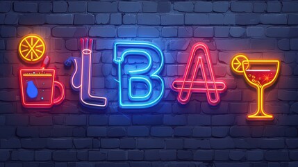 Neon sign with lba letters and cocktail icons on brick wall background for bar or restaurant design