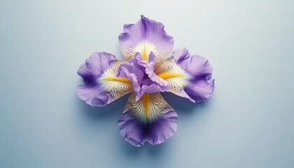 Obraz premium A blooming purple iris flower with white and yellow patterns on petals against a light-blue background.