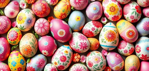 Fototapeta premium Seamless pattern of colorful Easter eggs with floral and geometric designs A cheerful, spring-themed background, happy easter, celebration