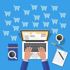 Illustration of ecommerce activity with laptop and shopping icons.