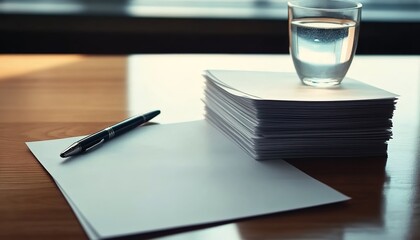 Stack of white papers with pen on wooden table beside glass of water.