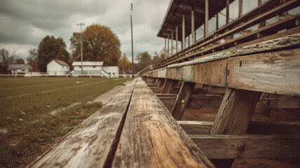 Obraz premium Vintage football field in rural area, old wooden bleachers, nostalgic tone
