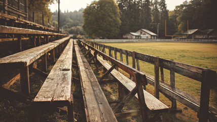 Fototapeta premium Vintage football field in rural area, old wooden bleachers, nostalgic tone