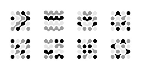 Dot connect logo, futuristic bio abstract icon. Vector circles, heart and rounded shapes. Blood cells, moving liquid metaball. Organic molecule, neuron cells. Medicine pharma sing, nanotech biology.