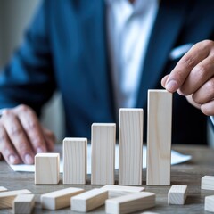 Businessman arranging wooden blocks into a rising bar chart for growth.