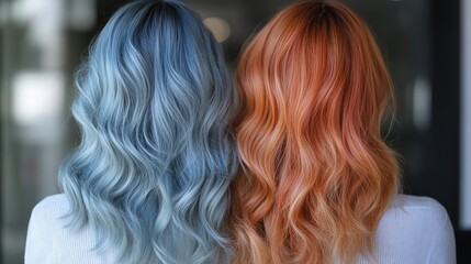 Fototapeta premium Charming blue and orange wavy hairstyles, dyed hair fashion creativity