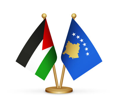 Palestine vs Kosovo flags mockup 3d illustration. Versus desk flags of Palestine and kosova transparent png Palestinian flag