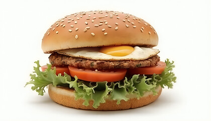 tasty burger with salad, meat, tomatoes and fried egg isolated on white transparent