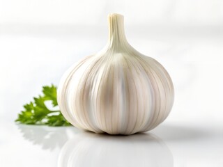 Close Up Of Single Garlic Bulb On White Surface
