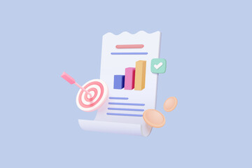 3d clipboard with business idea goals on project plan, fast progress, analytics icon. Business invoice bill expenses idea concept. 3d vector render arrow hit center of target on checklist clipboard © Issara