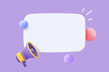 Fototapeta premium 3d megaphone speaker or loudspeaker bullhorn for announce promotion, megaphone loud hailer with microphone mockup, speakerphone 3d vector render for alert and announcement on isolate purple background