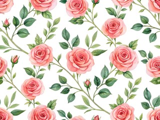 Intricate watercolor rose pattern, blooming buds & vines, textile, bloom