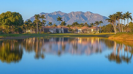 Obraz premium Serene lake reflecting houses, palm trees, and mountains at sunrise.