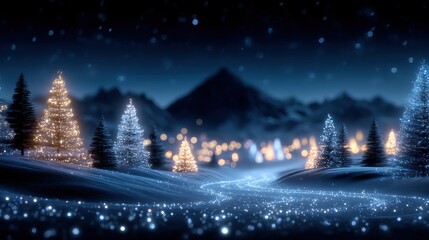 Obraz premium Snowy night with illuminated trees and glowing lights creating a festive winter scene outdoors.