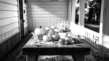 Rustic harvest table laden with pumpkins apples and corn centerpiece