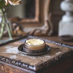 Cosmetic cream in a glass jar. Skin care concept. Cosmetic products background