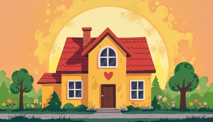 Fototapeta premium Illustration of a cozy yellow house with a heart-shaped window