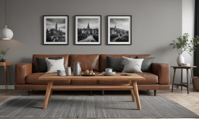 Elegant brown couch, wooden dining table, black & white photos, grey walls ,  white,  room,  home staging