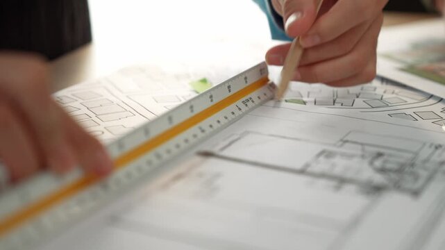 A video of architect use scale ruler and pencil to measure blueprint. Architect designing house construction on a table at studio, with architectural plan scattered around. Focus on hand. Delineation.