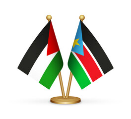 Palestine vs South Sudan flags mockup 3d illustration. Versus desk flags of Palestine and South Sudan transparent png Palestinian flag