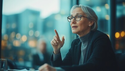 Senior Businesswoman Leading Meeting, Pointing Finger During Strategic Discussion