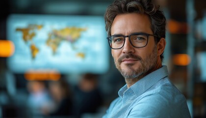 Fototapeta premium Confident Businessman Portrait with Glasses in Office with World Map Background