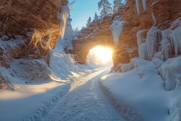 Frozen canyon glowing under golden rays as sunlight filters through icy cliffs, Generative AI