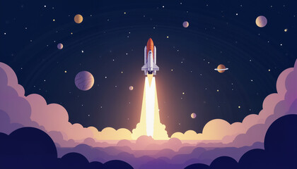 Naklejka premium Rocket launching into space with planets and clouds