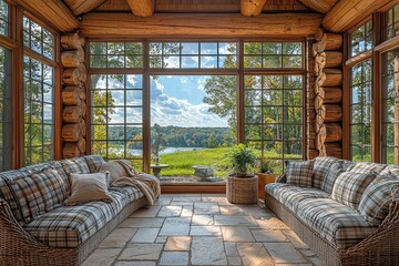 Large sunroom in log cabin with floor-to-ceiling windows, natural wood walls, comfortable plaid sofas and chairs, stone flooring, warm and inviting atmosphere, and scenic nature views