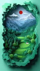 Papercut Paper Cut Golf Course Green Flag Scenic Landscape Phone Mobile Background Wallpaper Art Illustration	
