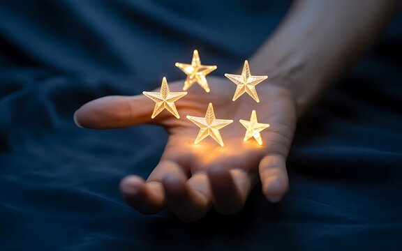 Hand Holding Luminous Stars on Dark Background