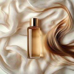 Naklejka premium Hair care Elegant hair oil and smooth hair isolated on solid pure white background, reflection Luxurious Hair Oil for Silky Smooth Finish Botanical Hair Serums with Natural Extracts Minimalist Premium