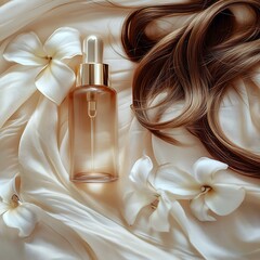 Naklejka premium Hair care Elegant hair oil and smooth hair isolated on solid pure white background, reflection Luxurious Hair Oil for Silky Smooth Finish Botanical Hair Serums with Natural Extracts Minimalist Premium
